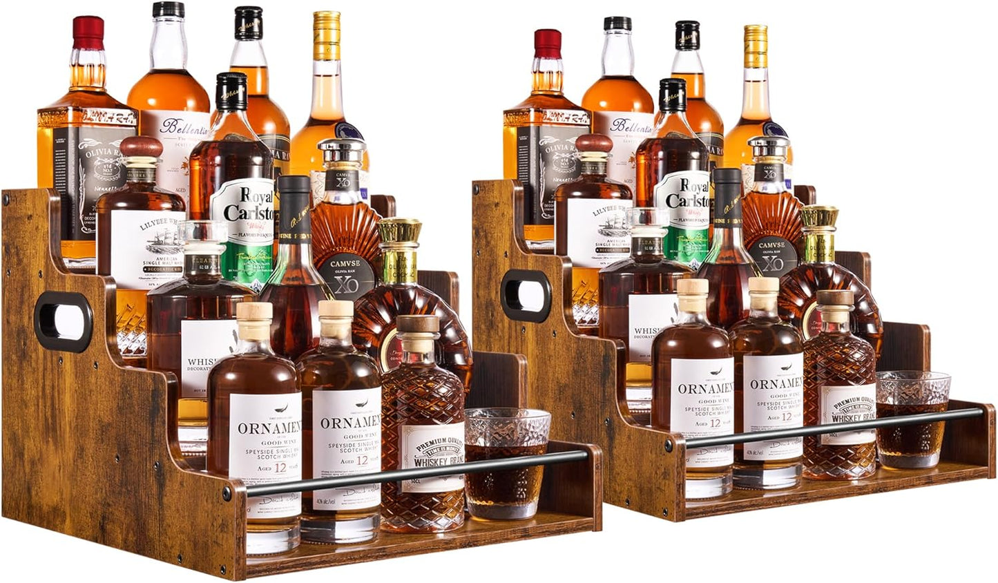 2 Pack 4-Tier Liquor Bottle Display Shelf, 16-Inch Wooden Bar Shelves for Liquor Bottles, Countertop Whiskey Shelf and Bourbon Shelf Organizer for Home Bar, Kitchen (Rustic Brown)