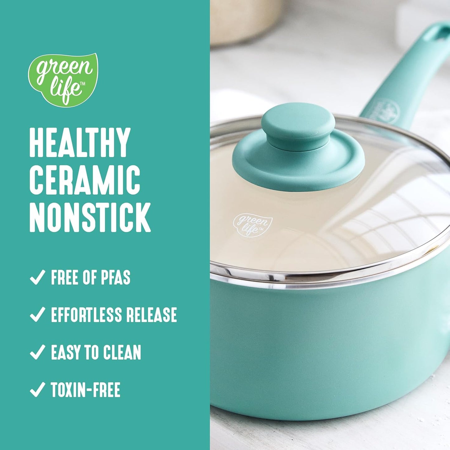 GreenLife 2 Quart Ceramic Nonstick Saucepan with Lid, PFAS-Free, Stay-Cool Handle, Multipurpose Kitchen Cooking Pot, Dishwasher & Oven Safe, Turquoise
