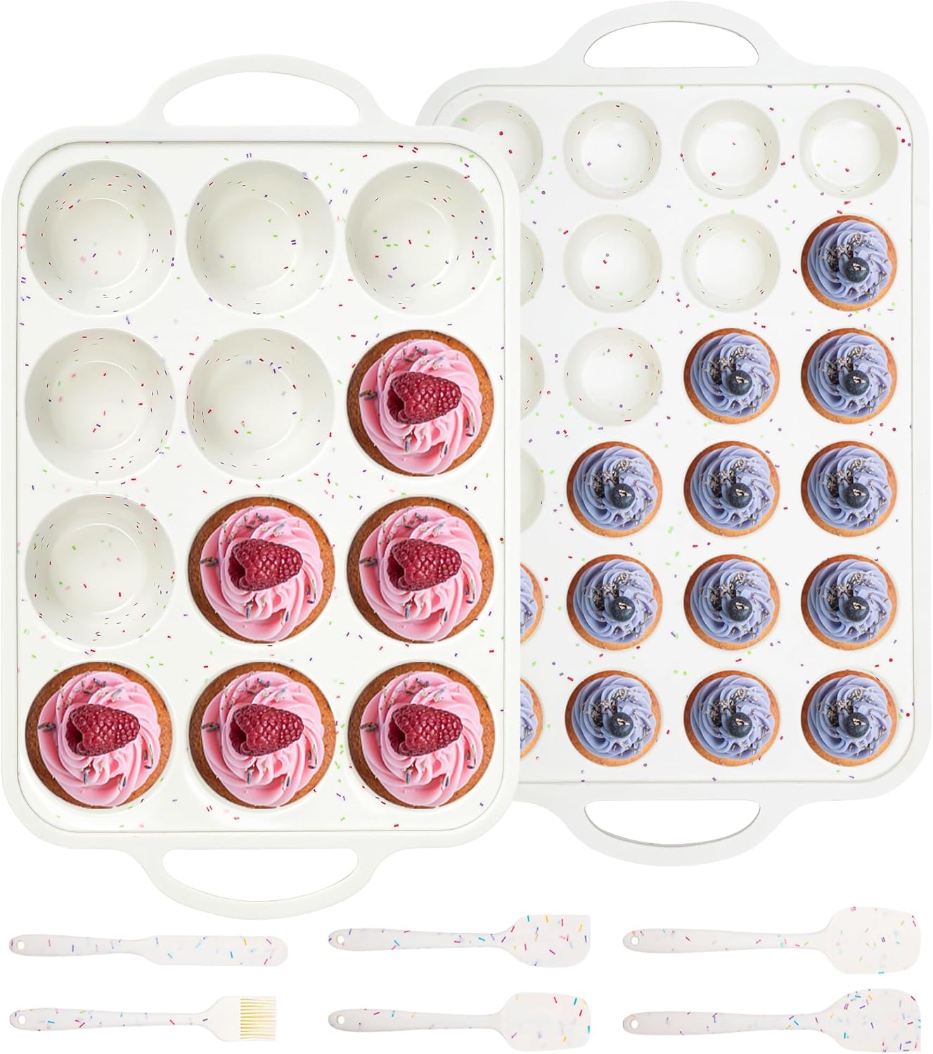 8 Pcs Silicone Muffin Pan Set, 12 Cup Regular and 24 Cup Mini Nonstick Muffin Tray with 6 Pcs Utensils, Silicone Muffin Pan for Baking with Metal Reinforced Frame BPA Free (8 Pcs, Cream)