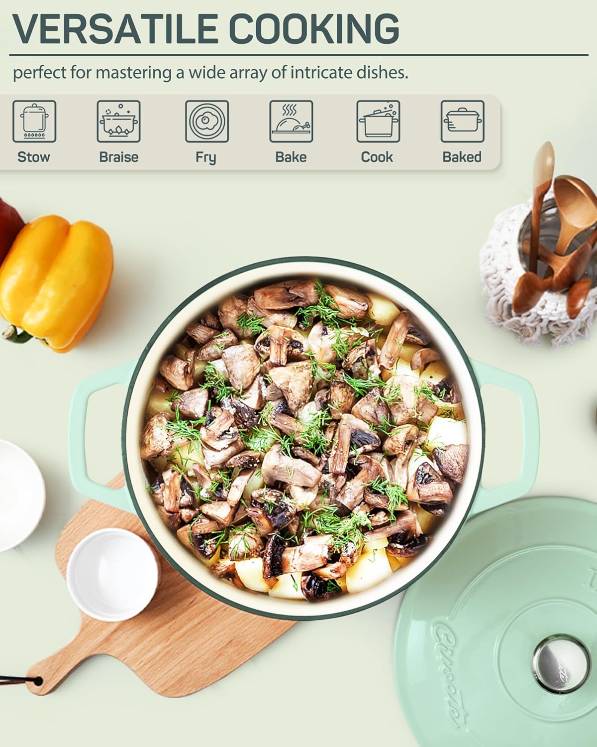 6 QT Dutch Oven Pot with Lid, Enameled Cast Iron Dutch Oven for Bread Making, Braiser, Cooking, Dual Handles, Oven Safe up to 500° F or on Stovetop, Gifts for Family - Mint Green