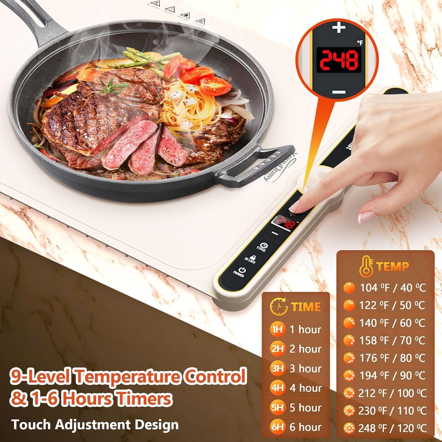 Warming Mat for Food - Electric Warming Tray with 9 Temperature Settings and 6 Hours Timer Food Warming Mat with Full Surface Heating for Buffets Party Gatherings(Beige)