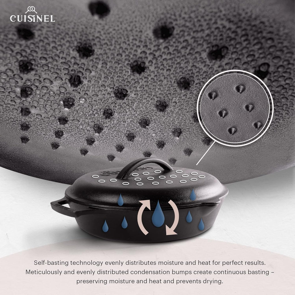 Cuisinel Cast Iron Lid - Fits 12"-Inch / 30.48-cm Lodge Skillet Frying Pans or Braiser + Silicone Handle Holder + Care Guide - Pre-Seasoned Replacement Cover - Indoor/Outdoor, Oven, Fire, BBQ Safe