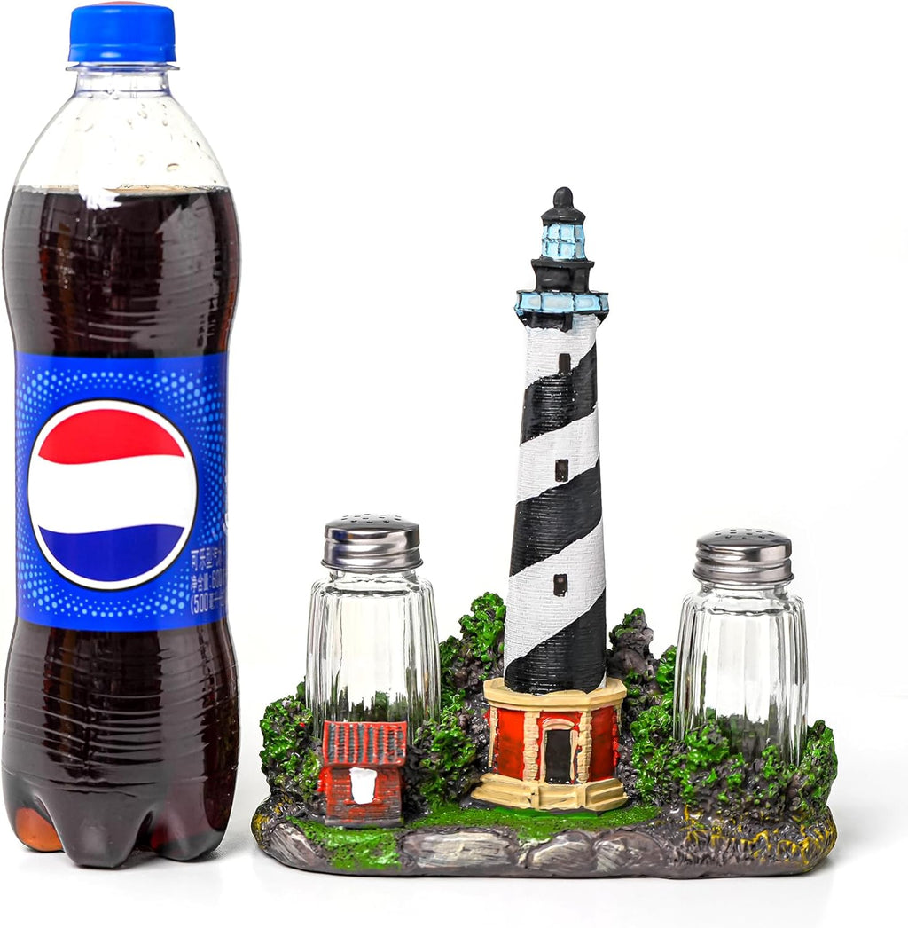 Vintage Farmhouse Salt And Pepper Shakers Set - Salt And Pepper Dispenser with Resin Lighthouse Figurine And Statues Holder - Perfect Kitchen DéCor with Glass Spice Jars
