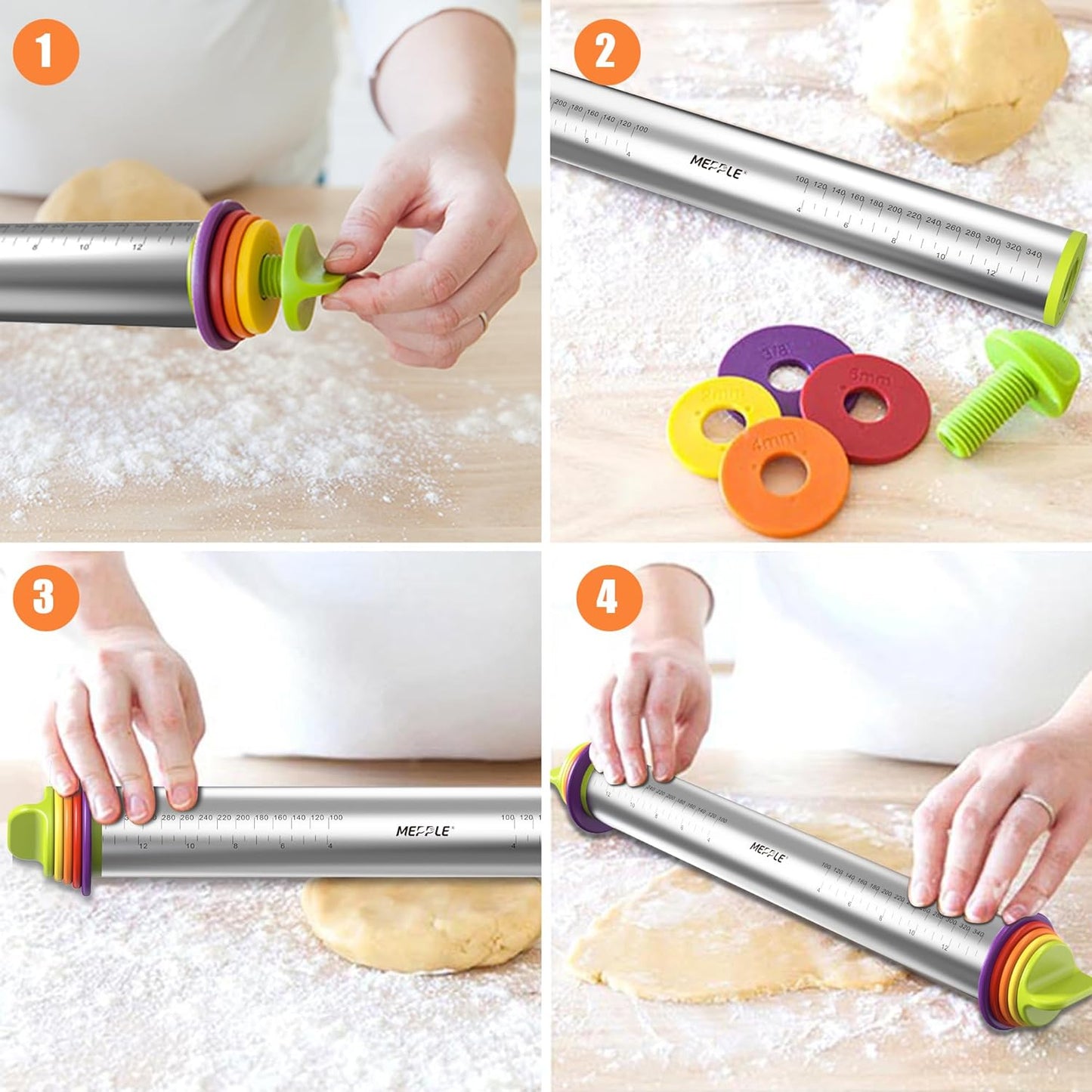 Stainless Steel Rolling Pin with Thickness Rings for Fondant, Pizza, Cookie, Pastry, Pie,Roller Rod for Dough Thickness,Rolling Pin for Baking, 13.6" with 4 Thickness Rings and Wooden Stand