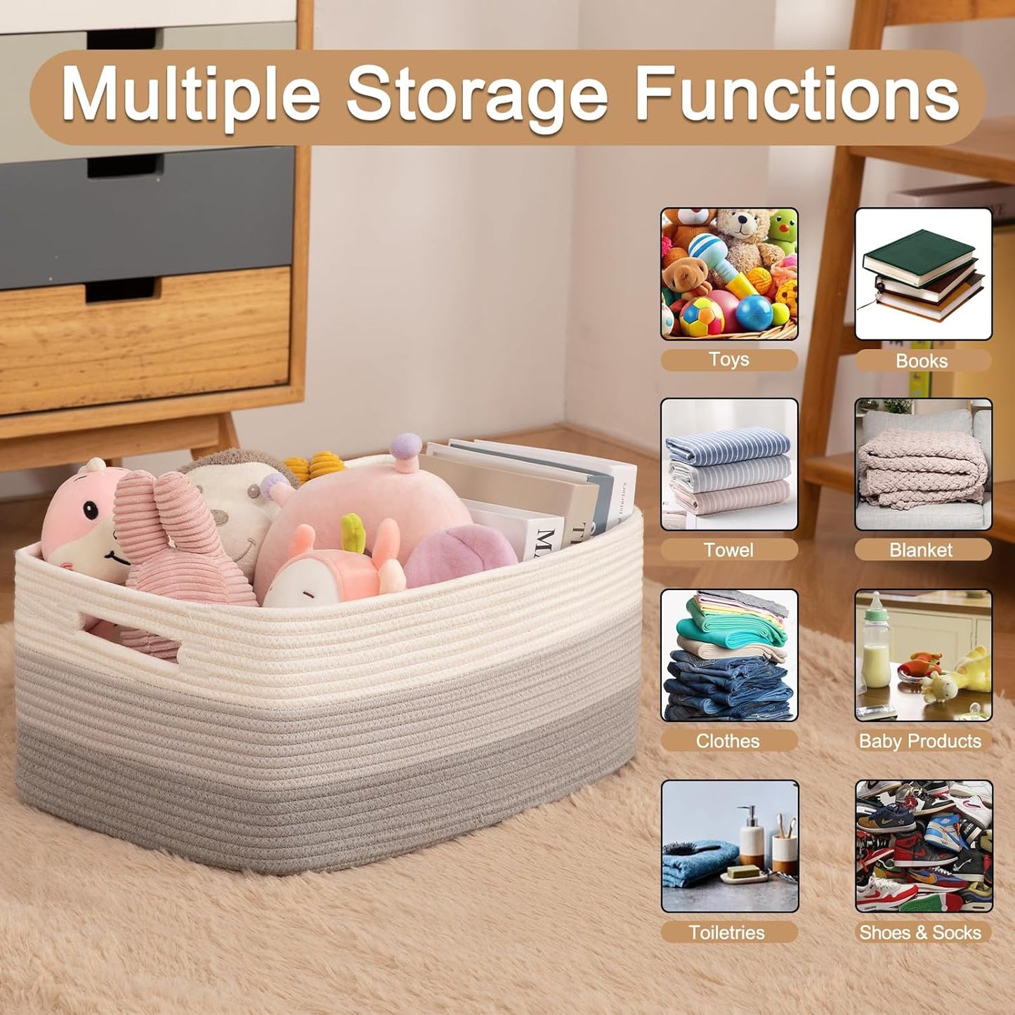 Large Storage Basket for Organizing, Woven Rope Basket for Shelves, Closet Organizer Bins for Clothes, Blanket, Toys, Baby Nursery Storage, 17.7" x 13" x 7.87", 2 Packs Gradient Grey