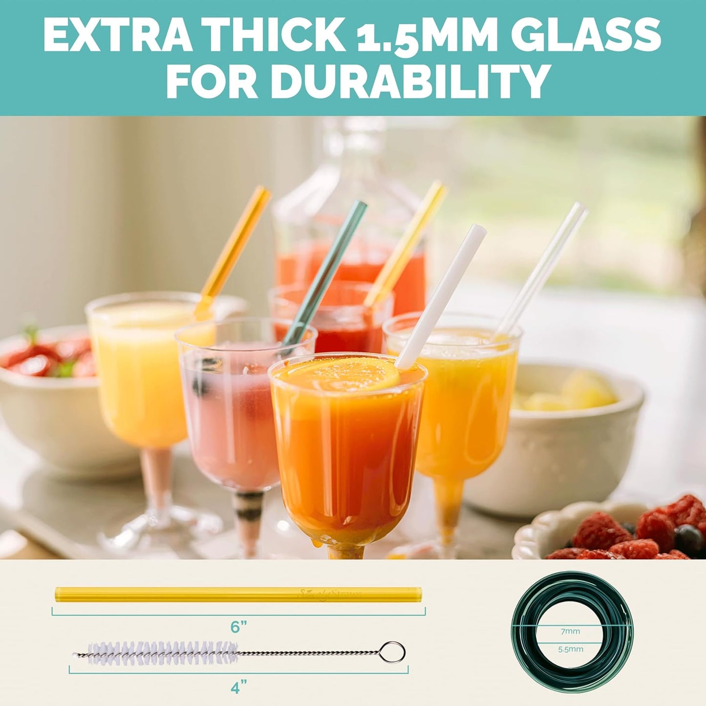 Simply Straws 6 Inch Skinny Glass Straws (6-Pack) - Reusable Cocktail Straws for Mixed Drinks, Low Balls, Coffee & Tea, with Cleaning Brush – Dishwasher Safe, Hot & Cold Use, BPA-Free (Iridium)