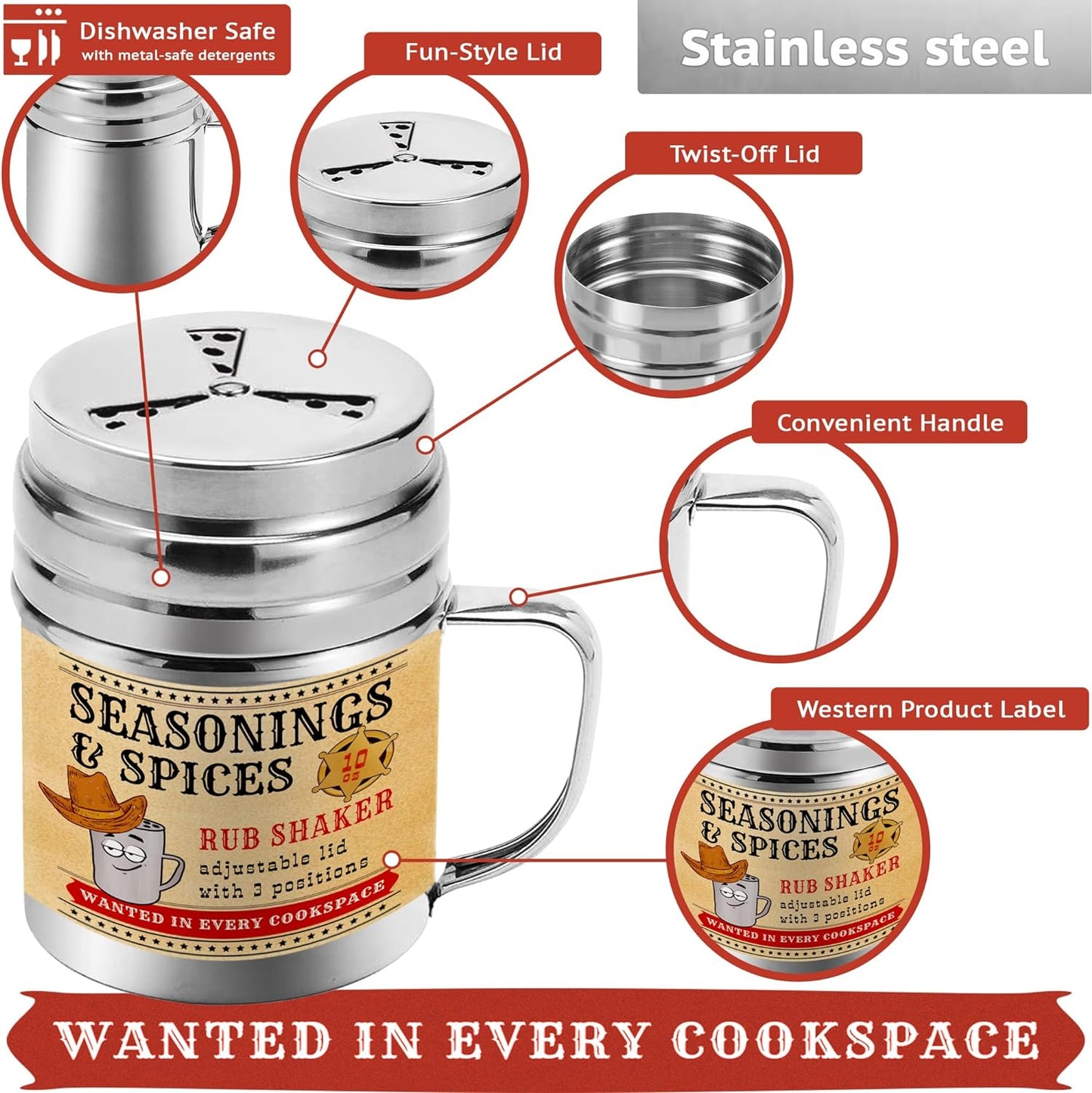 CUSINIUM [Pack of 6] 10 oz Seasonings Spice Shakers - BBQ Dry Rub Shakers - Cooking Dredge with Adjustable Fan-Style Lid and Handles