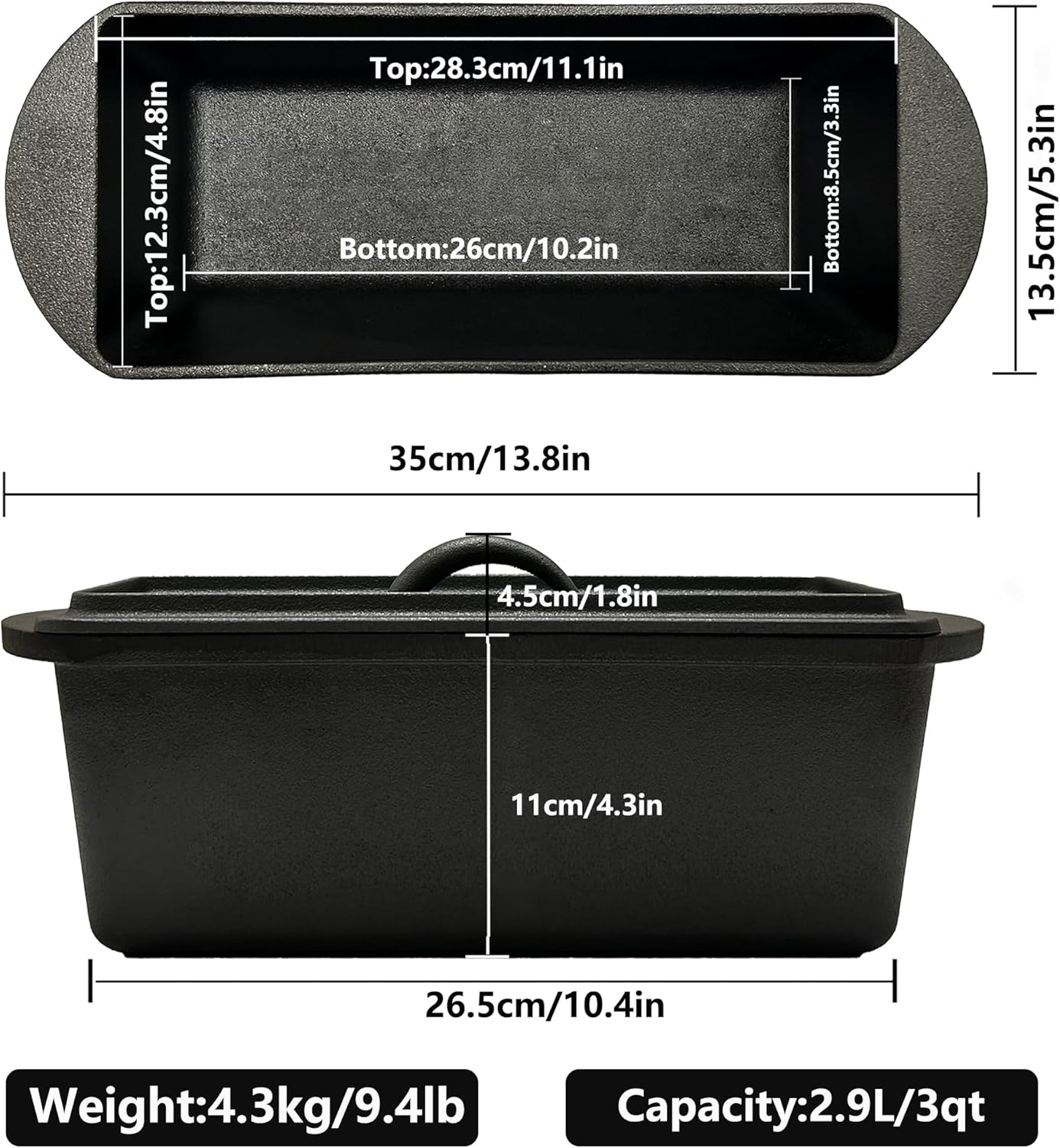 Cast Iron Bread Loaf Pan with Lid - 11x5 Inch Heavy Duty Dutch Oven for Sourdough Baking & Artisan Bread Pre-Seasoned Sandwich, 3 Quart Nonstick Loaf Pan for Home Kitchen Restaurant