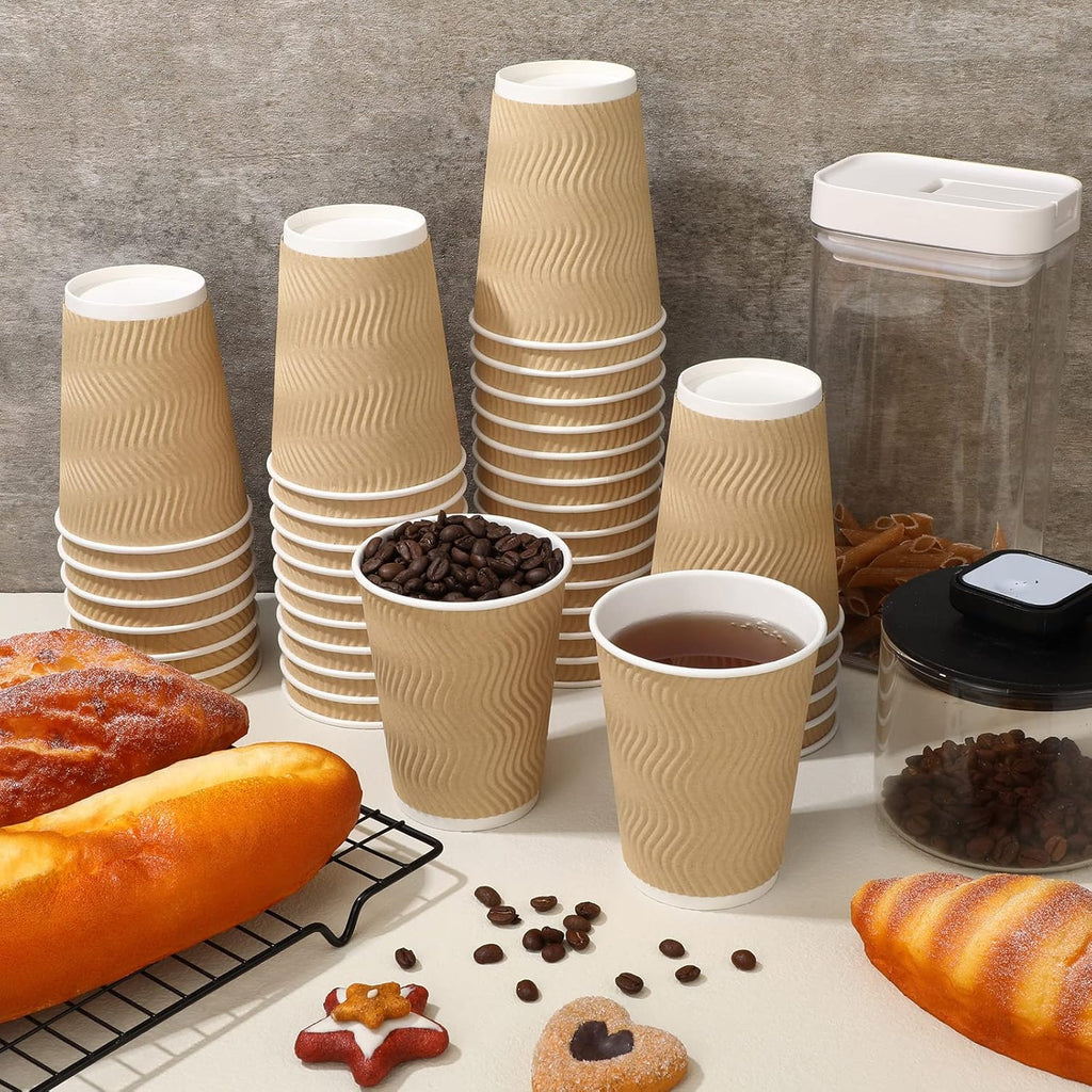 Foaincore 150 Pack 12 oz Paper Cups Bulk Disposable Ripple Insulated Ripple Wall Paper Coffee Kraft Hot Beverage Coffee Cups for Hot Beverage Cold Drinks Party