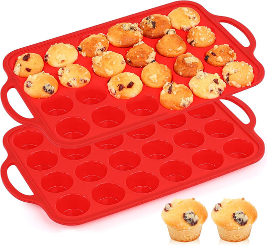Silicone Mini Muffin Pan With Stainless Steel Reinforced Frame 24 Cups Nonstick Cupcake Molds for Baking Silicone Muffin Tray with Handles(2 Pcs, Red)