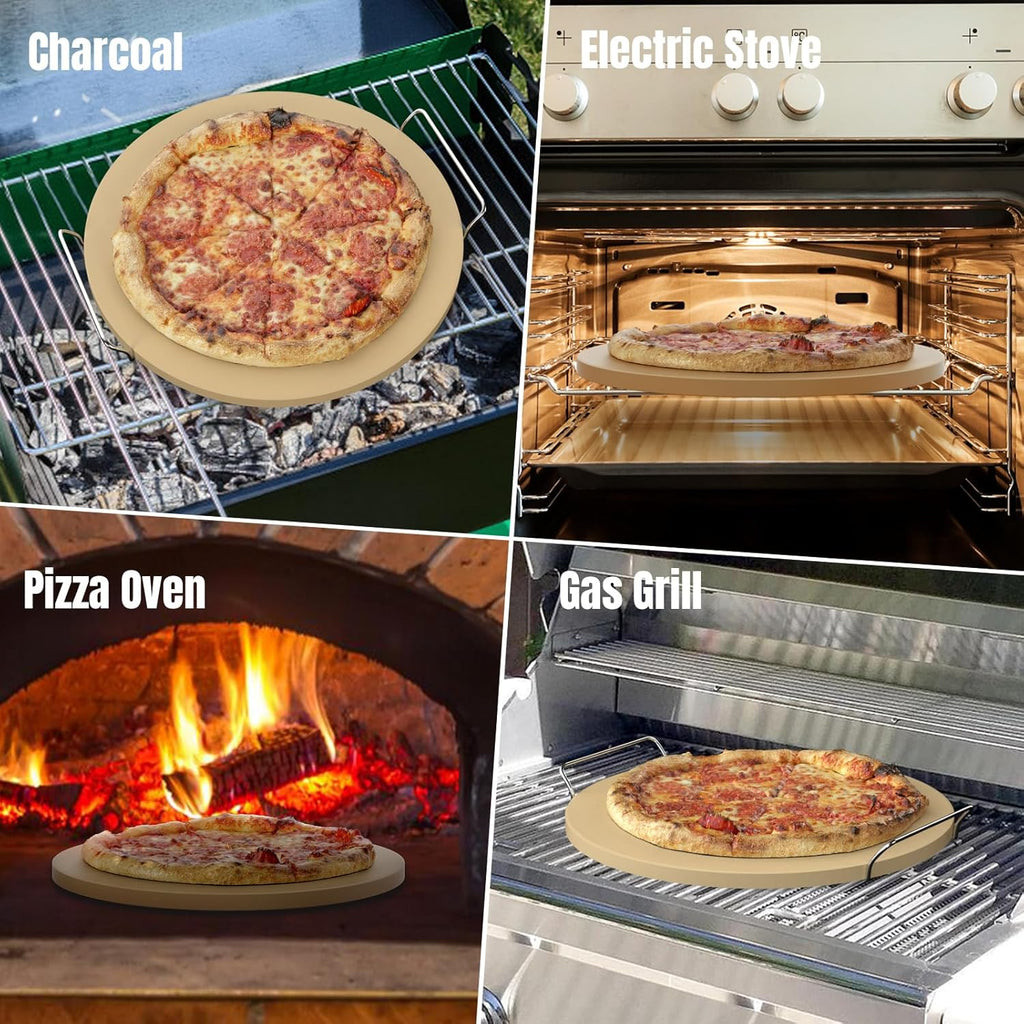 Round Pizza Stone for Grill 16 inch with Handles - Heavy Duty Cordierite Pizza Stone for Oven -Thermal Shock Resistant Baking Stone, Includes Metal Rack & Scraper