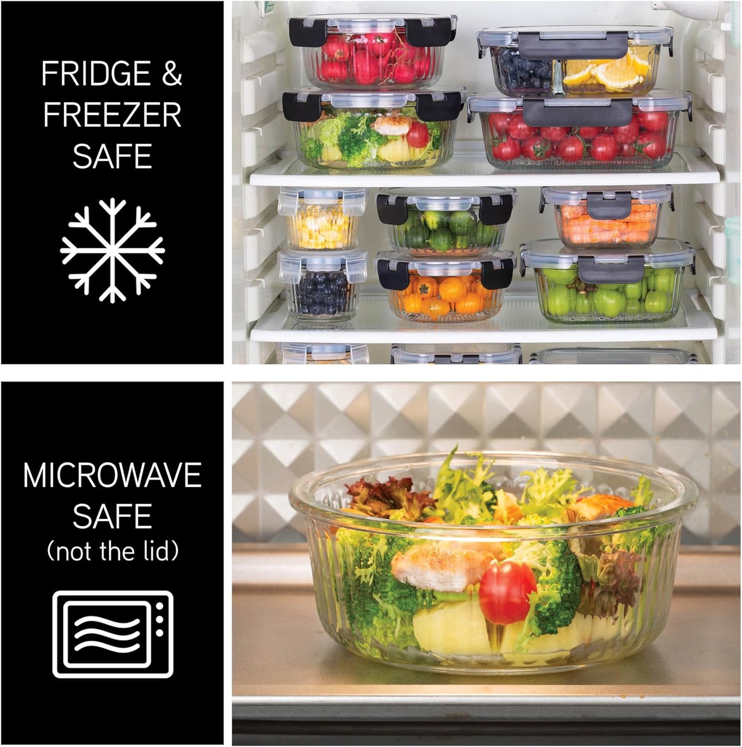 COOK WITH COLOR Premium 32-Pc. Borosilicate Glass Food Container Set with Dividers - 4 Rectangles, 8 Rounds, 4 Squares - Leakproof Lids - Meal Prep, Storage, Fluted Ombre Black