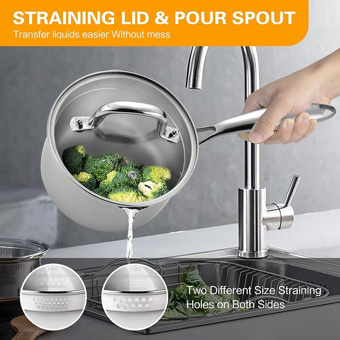 Cyrosa 2.5 Quart Saucepan with Strainer Lid, Stainless Steel Sauce Pot - Image 4