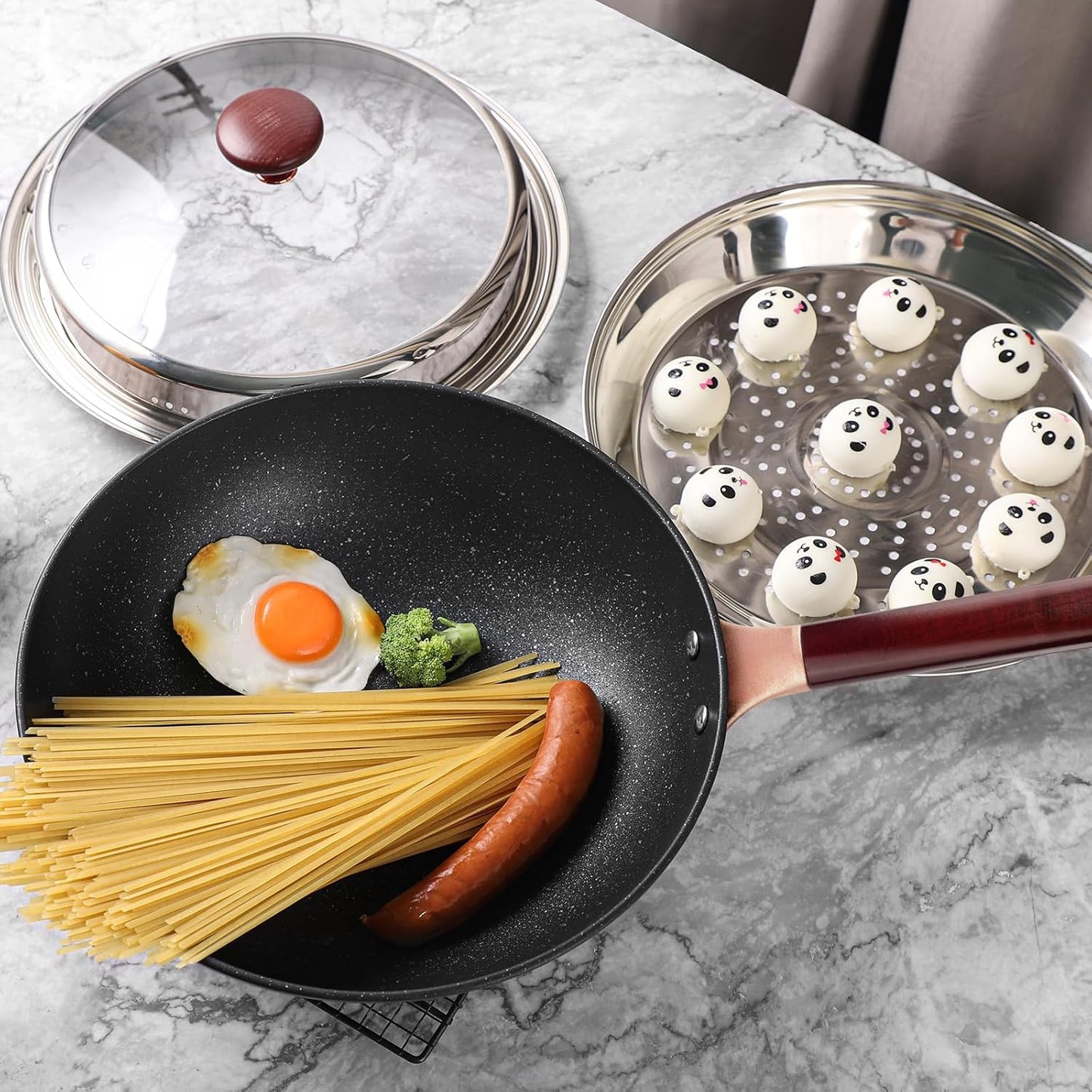 12.5” Woks & Stir-Fry Pans with Lid Steamer, Nonstick Ceramic Wok Pan with Lid, Deep Large Induction Hard Anodized Frying Wok, Carbon Steel Wok Set Flat Bottom, Large Saute Pan Set