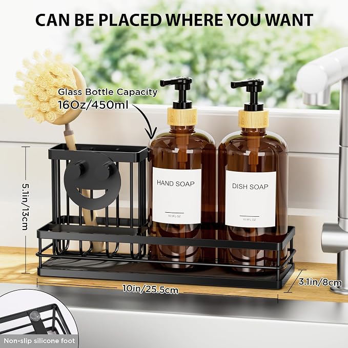 Moforoco Kitchen Dish Soap Dispenser Set, 16OZ Glass Bottle, Hand and Dish Soap - Image 2