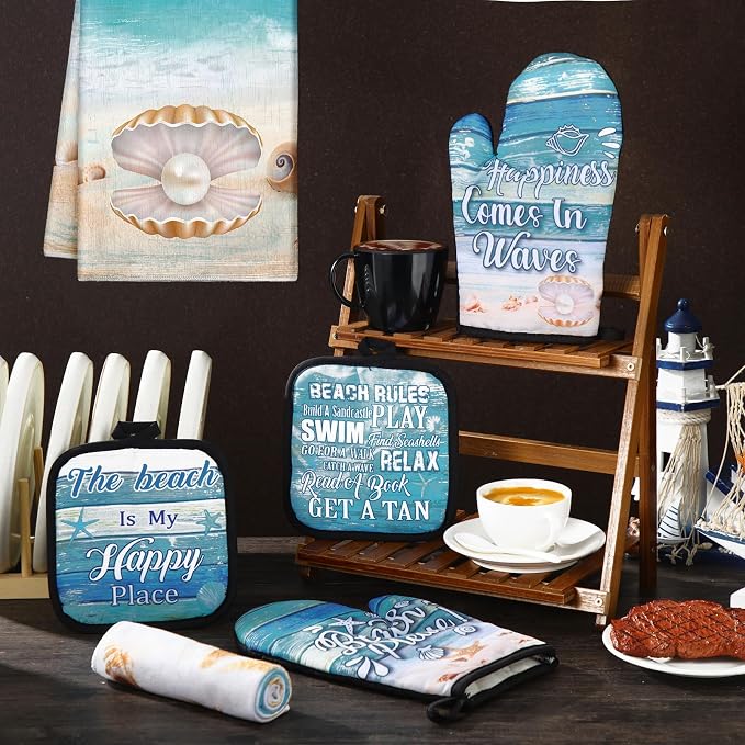 6 Pcs Summer Beach Kitchen Towels Pot Holders and Oven Mitts Set Include - Image 6