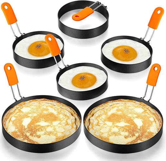 Patelai 6 Pcs Professional Egg Ring Pancake Ring Set Stainless Steel Fried Egg Molds Griddle Pancake Shapers with Orange Silicone Handle for Breakfast Omelette Sandwich(4, 6 Inch)