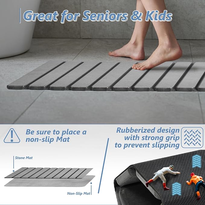 AWW Foldable Stone Bath Mat, Super Absorbent Diatomaceous Earth Mats, Non-Slip - Image 3