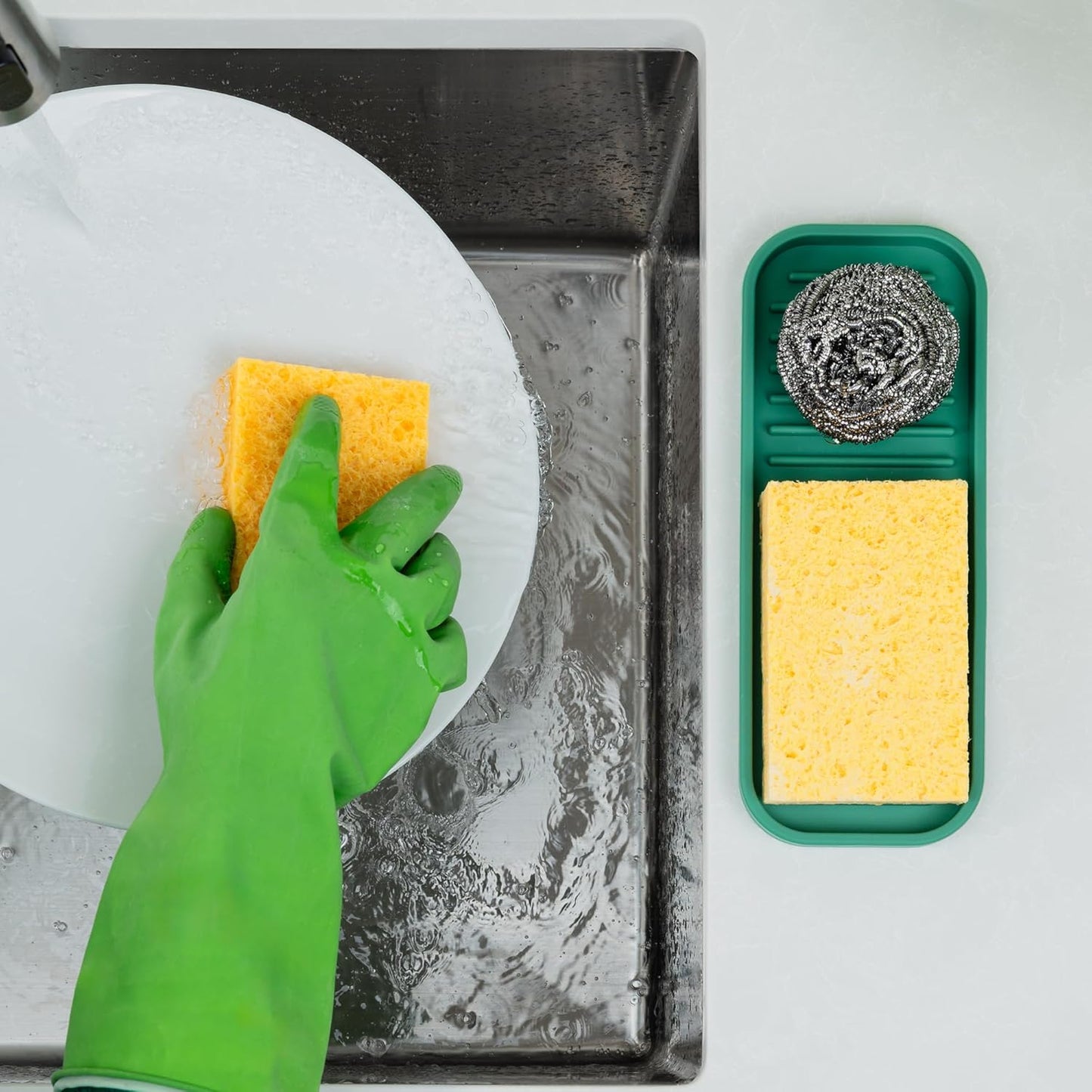 Zulay Kitchen (9x3.5) Silicone Sponge Holder for Kitchen Sink - Flexible Multipurpose Soap Tray - Sink Organizer for Kitchen, Bathroom, Makeup, Trinkets & More (Pine Green)