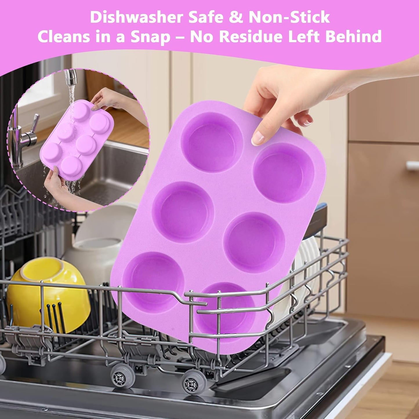 3-Pack 6-Cup Silicone Muffin Pans, Nonstick Cupcake Baking Molds, BPA/PFA-Free, Dishwasher & Oven Safe - Purple