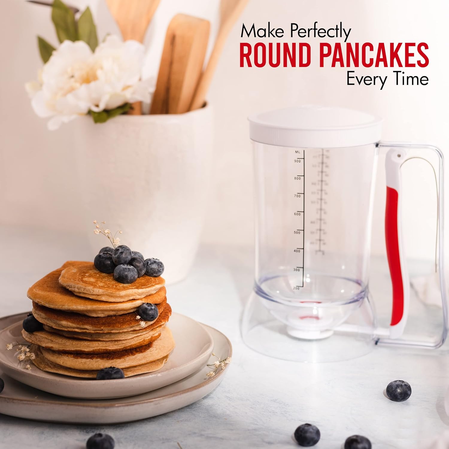Kid Friendly Mess Free Pancake Cupcake Batter Dispenser Squeeze Handle for Precise Portion Control, Great for Waffles, Crepes | 4 Cup Capacity (White)