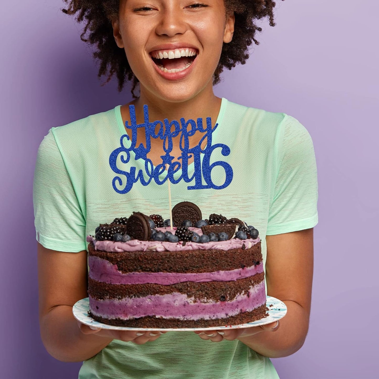 Gyufise 1Pc Happy Sweet 16 Cake Topper Blue Glitter Sweet 16 Birthday Cake Decoration Happy 16th Birthday Decorations for Girls Boys Party Supplies