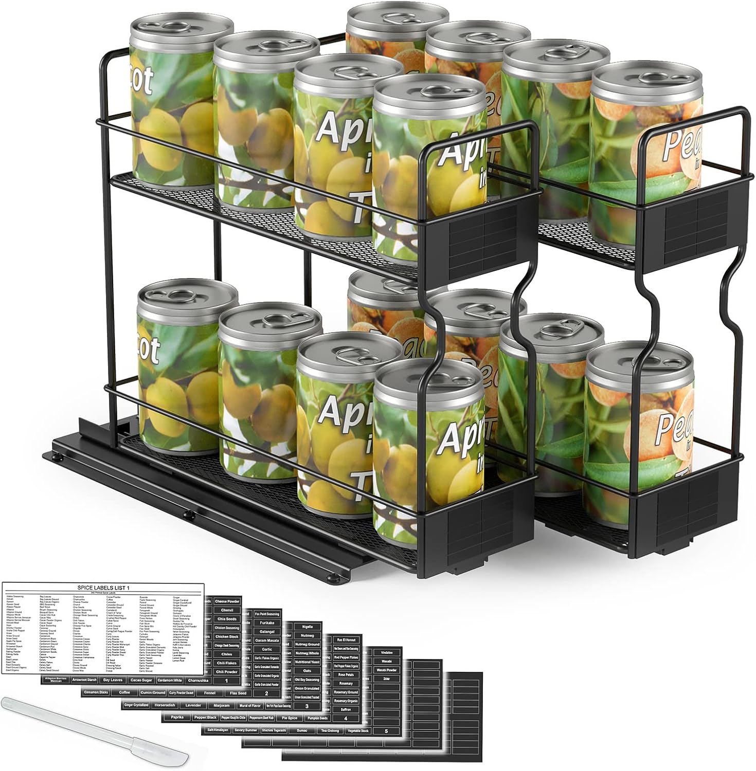SpaceAid Pull Out Spice Rack Organizer for Cabinet, Heavy Duty Slide Out Seasoning Kitchen Organizer, Cabinet Organizer, with Labels, 7.7" W x10.75 D x10 H, 2 Drawers 2-Tier