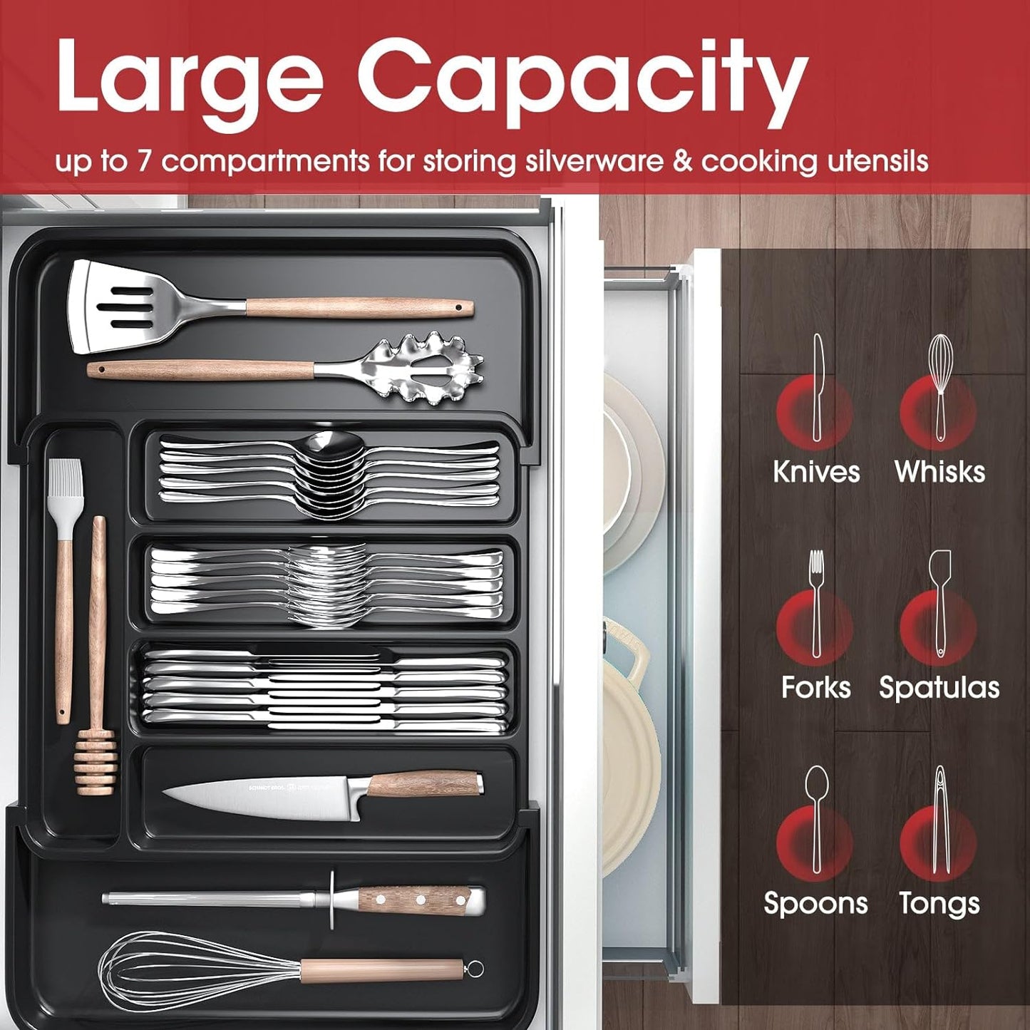 Aujen Silverware Organizer - Expandable Kitchen Drawer Organizer, Adjustable Utensil Organizer, Cutlery Tray for Forks, Knives, Multipurpose Kitchen Organizers and Storage Solution, Black, Medium