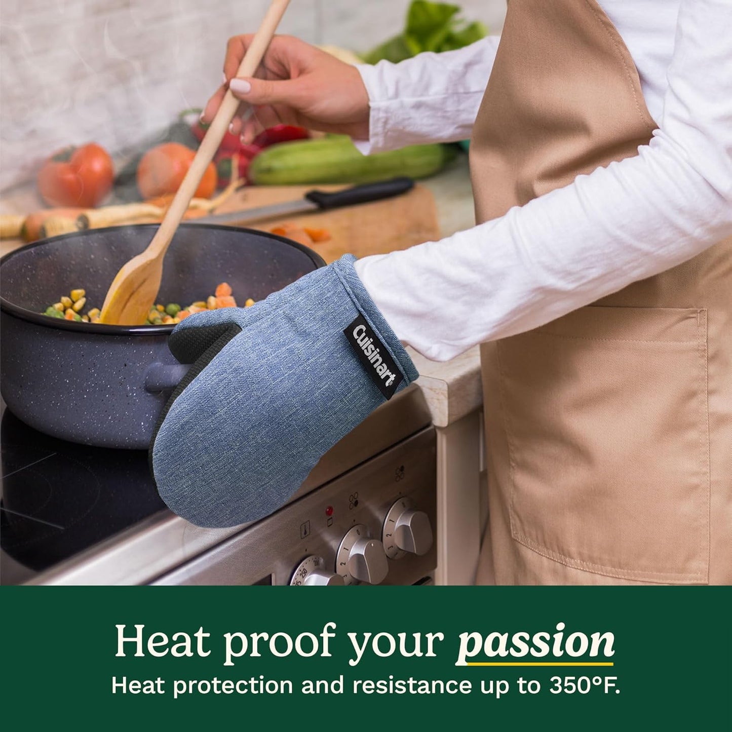 Cuisinart Mini Oven Mitts – 5.5” x 7” Heat-Resistant Kitchen Mitts for Oven with Non-Slip Neoprene Palm, Cotton Filling, and Fabric Loop – Durable Oven Mitt Set for Cooking & Baking (Indigo)