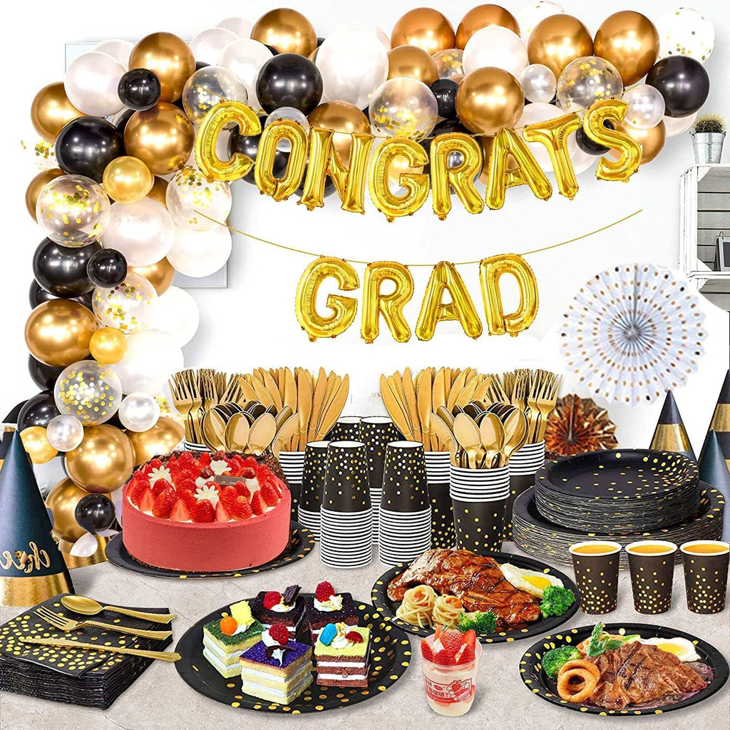 AIRE 350PCS Black Gold Paper Plates Party Supplies Dinnerware Sets for 50 Guests, Disposable Paper Party Plates, Dessert Plates, Cups, Napkins, Plastic Spoons, Forks, Knives for Wedding Birthday