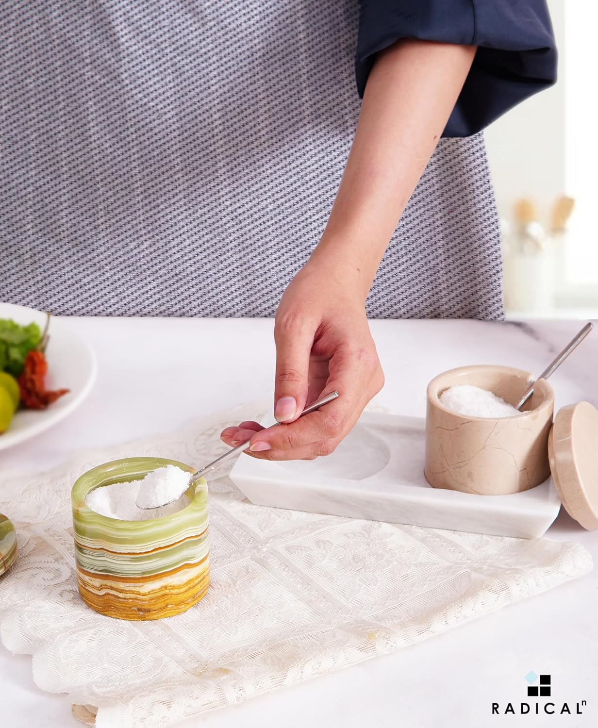 Radicaln Marble Salt Cellar With Lid and Tray 3" Inches Handmaed Verona and Green Salt Container For Kitchen Countertop, Ideal Spice Jar, Salt Bowl