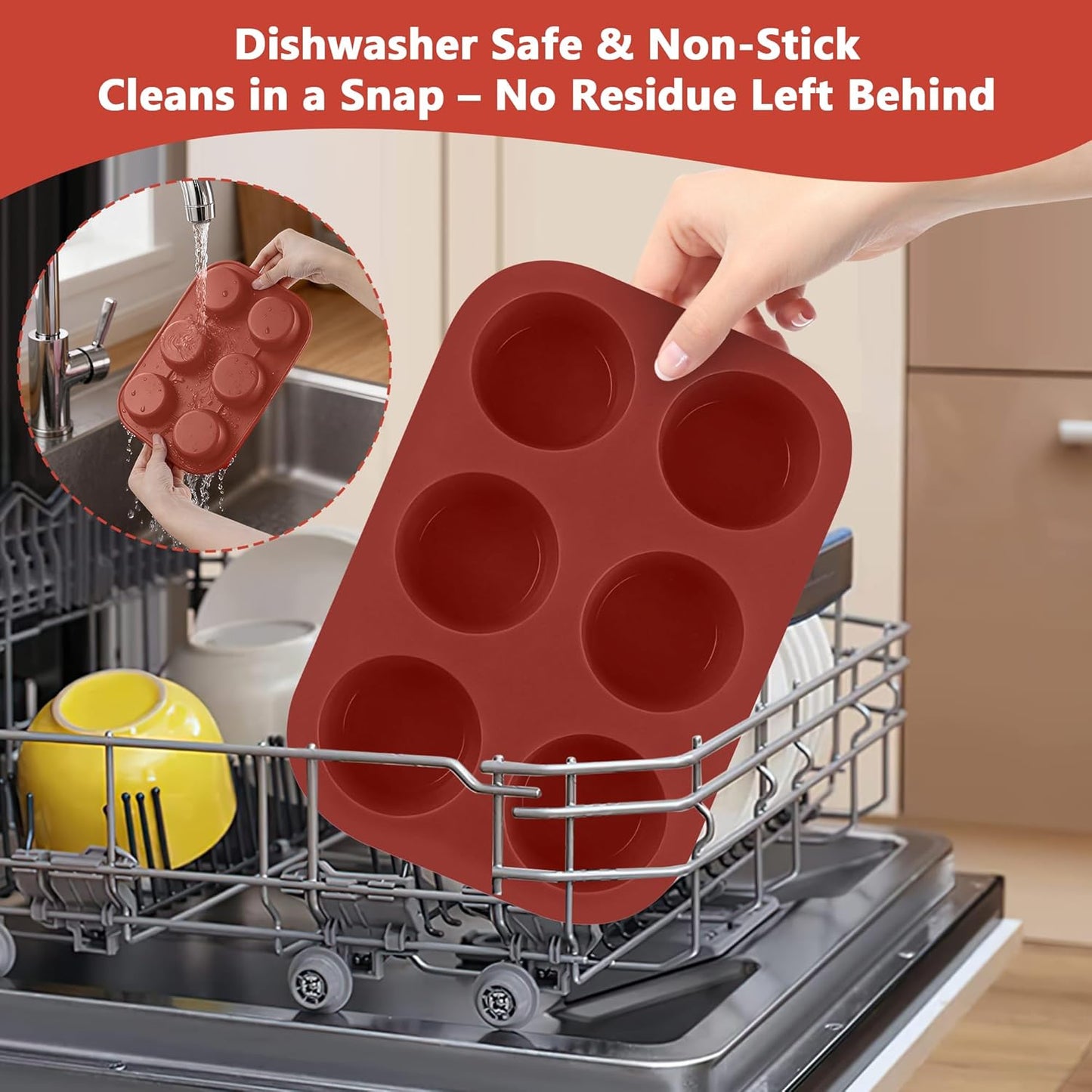 3-Pack 6-Cup Silicone Muffin Pans, Nonstick Cupcake Baking Molds, BPA/PFA-Free, Dishwasher & Oven Safe - Brown