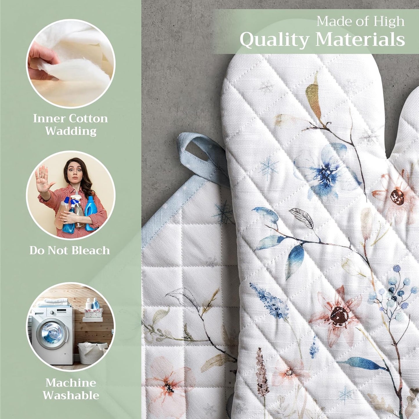 Maison d' Hermine 100% Cotton Oven Mitt & Pot Holder Set (7.5"x13" & 8"x8") Heat Resistant BBQ Cooking Gloves with Loop, Baking, Grilling, Kitchen, Handling Hot Pans (Ice Florals)