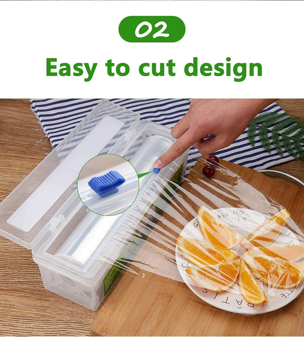 Household Reusable Refillable Plastic Wrap Dispenser with Slide Cutter, Food Wrap Stretch Clear Cling Wrap 12 Inch×328 Ft (1Cutting Box + 1 Cling Film)
