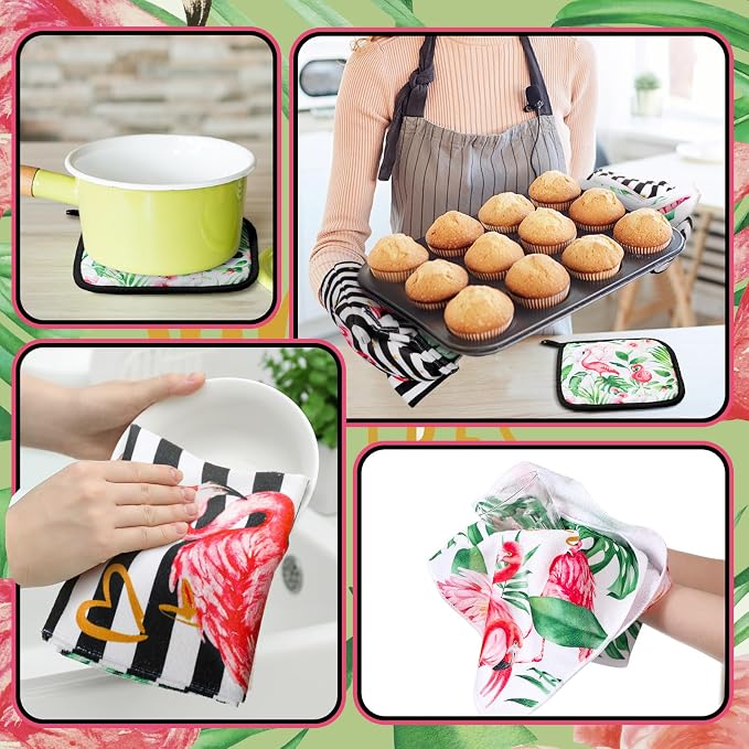 Bencailor 6 Pcs Flamingo Kitchen Towels Oven Mitts and Pot Holders Set - Image 6