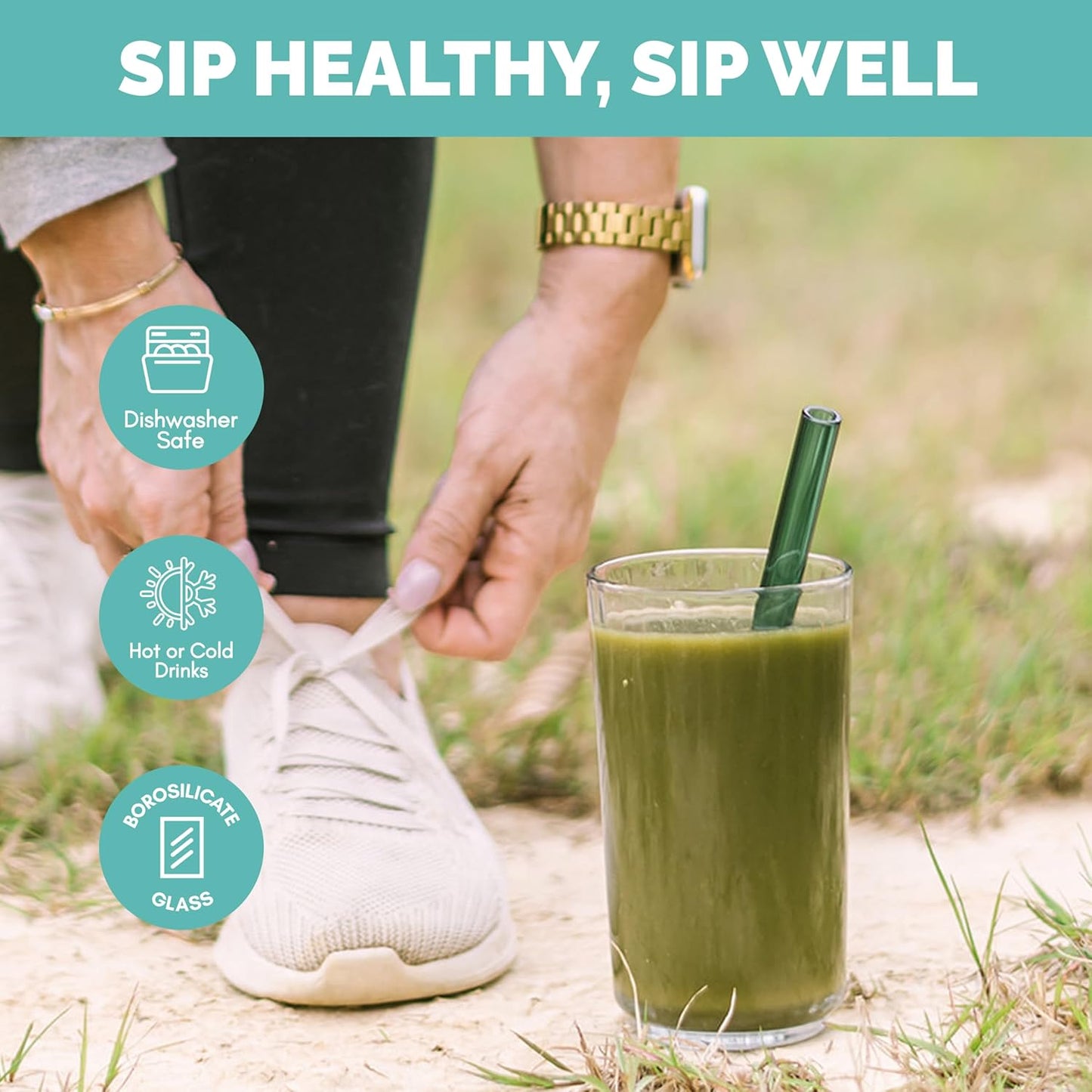 Simply Straws 8 Inch Wide Glass Straws (6-Pack) - 12mm Reusable Boba Straws for Milkshakes & Smoothies, with Cleaning Brush - Dishwasher Safe, Hot & Cold Use, BPA-Free (Seaglass)