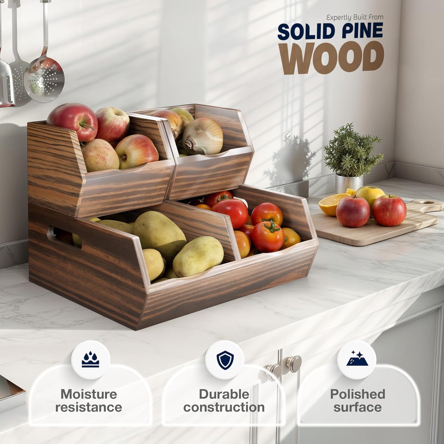 Acacia Wood Pantry Storage Bins – Stackable Open Front Kitchen Baskets for Potato, Onion, Fruit, Bread & More – Rustic Wooden Basket for Pantry (Walnut - Pine Wood)