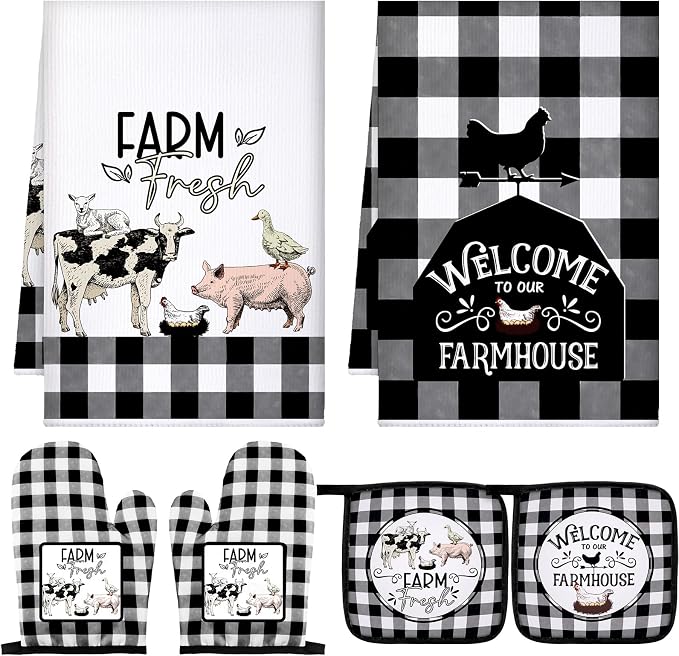 Bencailor 6 Pcs Farm Kitchen Towels Oven Mitts and Pot Holders Decorative Dish by Bencailor