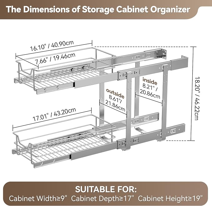 2 Tier Pull Out Cabinet Organizer 9" W X 17" D, Slide Out Drawers - Image 2