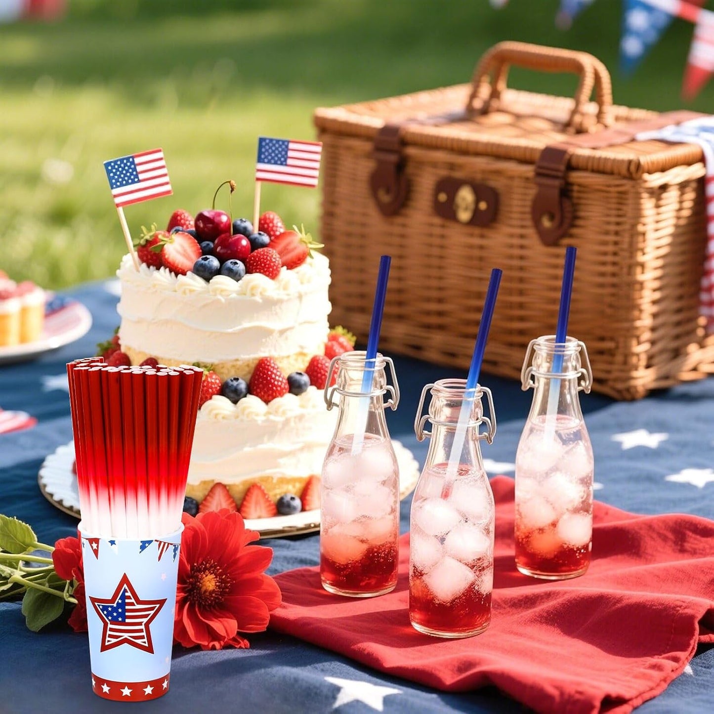 JANYUN 30 Pcs 4th of July Straws, Reusable Plastic Patriotic Straw Red White Blue Drinking Fourth of July Party Favors Accessories for Independence Day Memorial Day Party Supplies