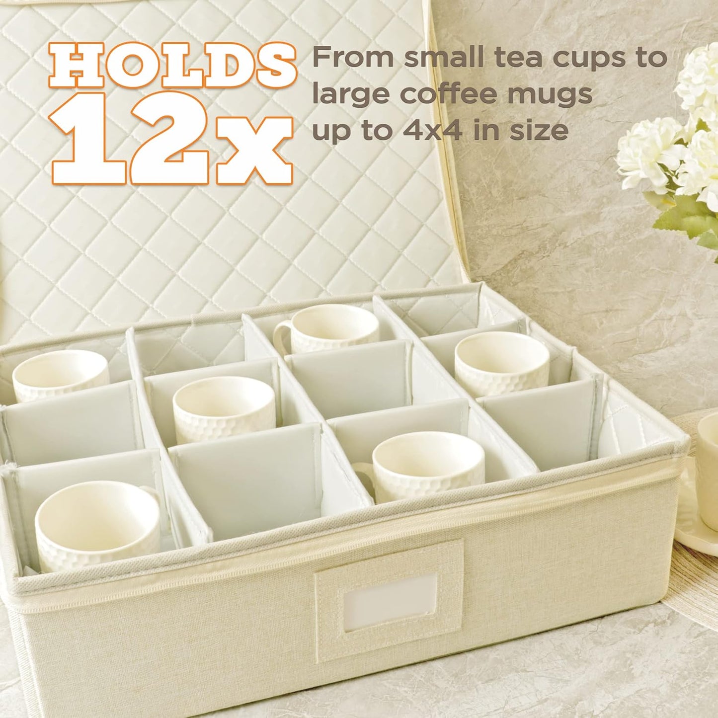 storageLAB Cup and Mug Storage Containers, Hard Shell Storage Case with Felt Dividers for Cups, Mugs, Dishes, and Glasses, Ideal for Kitchen Organizing and Moving Supplies - 1 Pack, Cream
