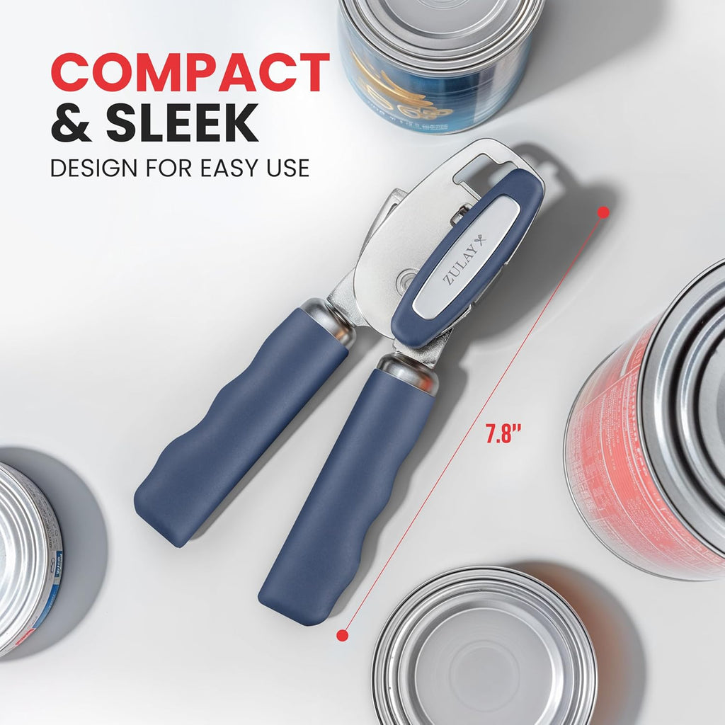 Zulay Kitchen Heavy Duty Stainless Steel Can Opener Manual with Bottle Opener - Rust Proof Manual Can Opener With Turn Knob & Comfy Soft Grip Handles - Blue