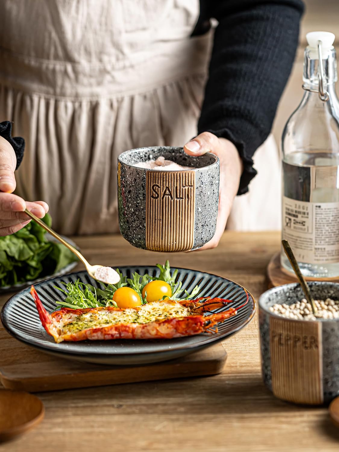 Salt Cellar with Lid & Spoon, Ceramic Salt Container for Countertop, 10 OZ Salt Bowl Holder, Gray