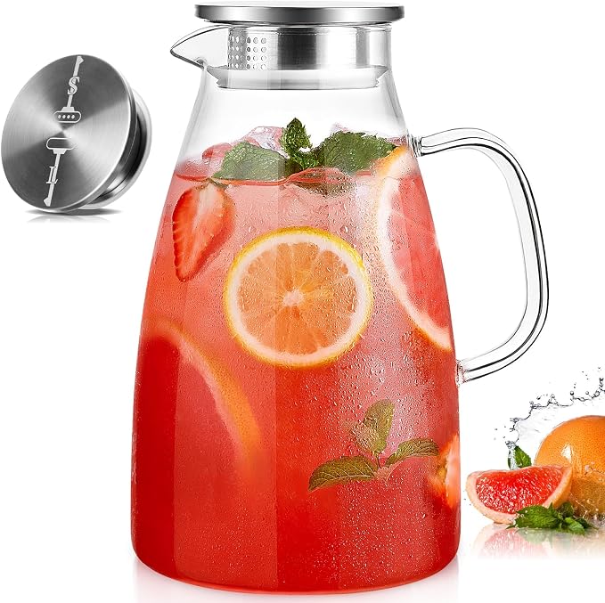 Glass Pitcher with Lid, 3 Liter 100oz Water Pitcher with Handle and Spout by Potdoctor