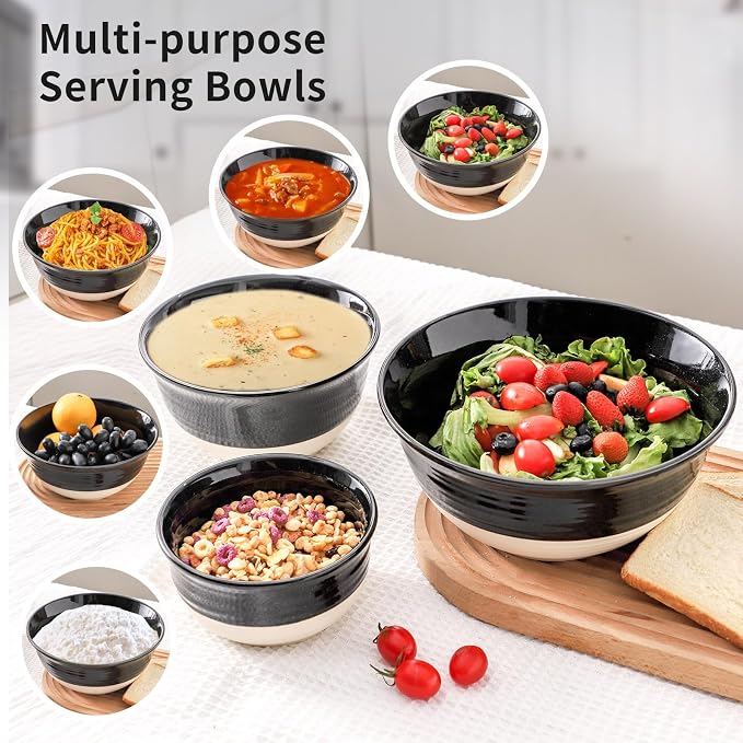 HASENSE Ceramic Mixing Bowls Set of 3, 84/40/20 Oz Black & Beige Stoneware Bowls - Image 4
