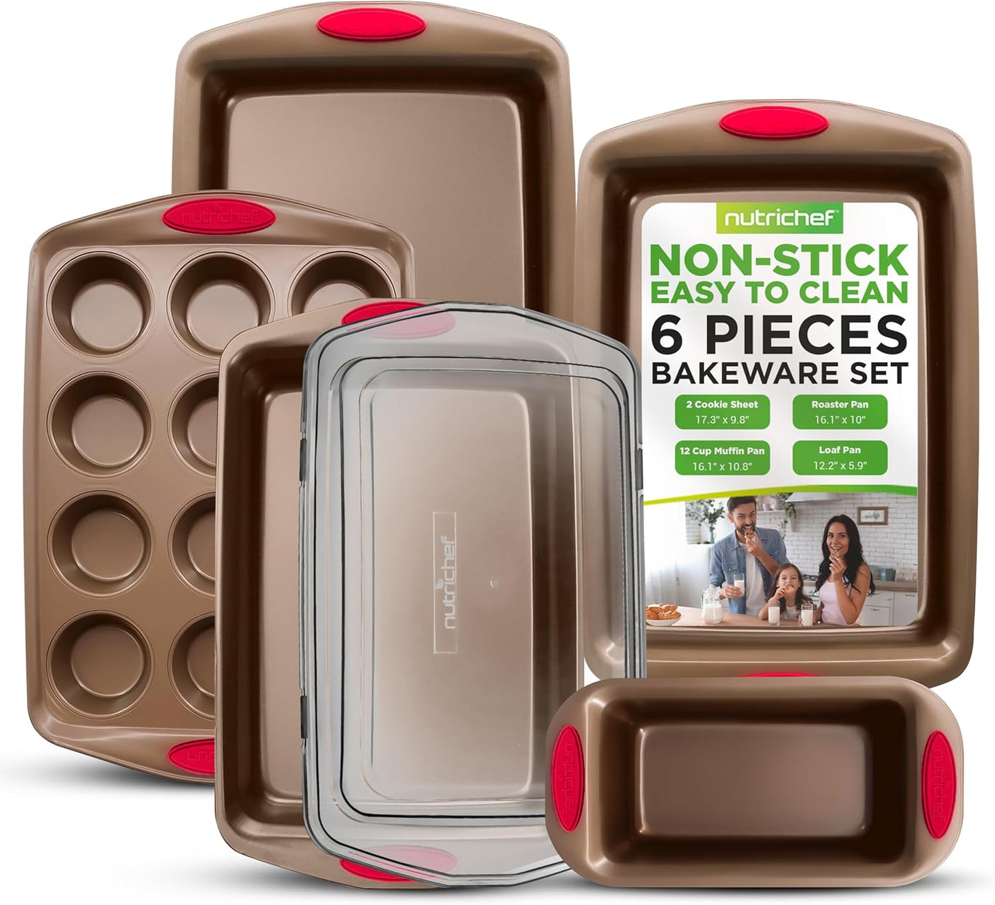 NutriChef 6-Piece Baking Pan Set - PFOA, PFOS, PTFE Free Flexible Nonstick Golden Coating Carbon Steel Bakeware - Professional Home Kitchen Bake Cookie Sheet Stackable Tray w/Red Silicone Handles