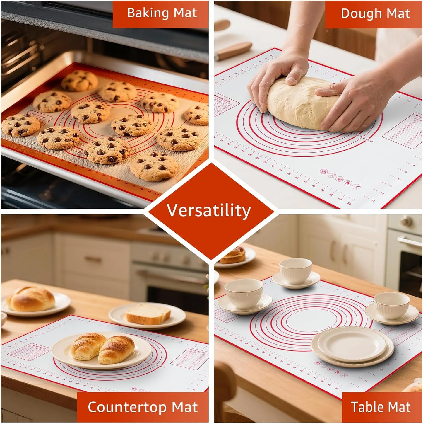 Silicone Baking Mat - Non Stick Pastry Mat Sheet for Dough Rolling, 0.7MM Thick Non-slip Baking Mat With Measurements, Reusable, Easy Clean Silicone Mats for Kitchen Counter (Red)