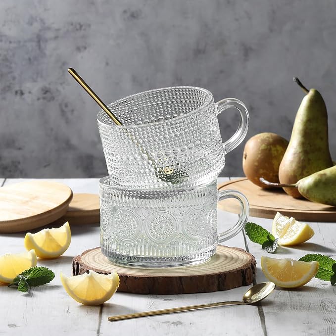 Vintage Coffee Mugs, Overnight Oats Containers - 14oz Clear Embossed Glass Cups - Image 6