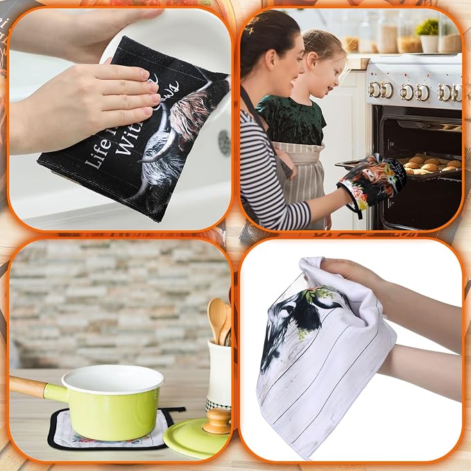 Bencailor 6 Pcs Cattle Kitchen Towels Oven Mitts and Pot Holders Set Decorative - Image 6