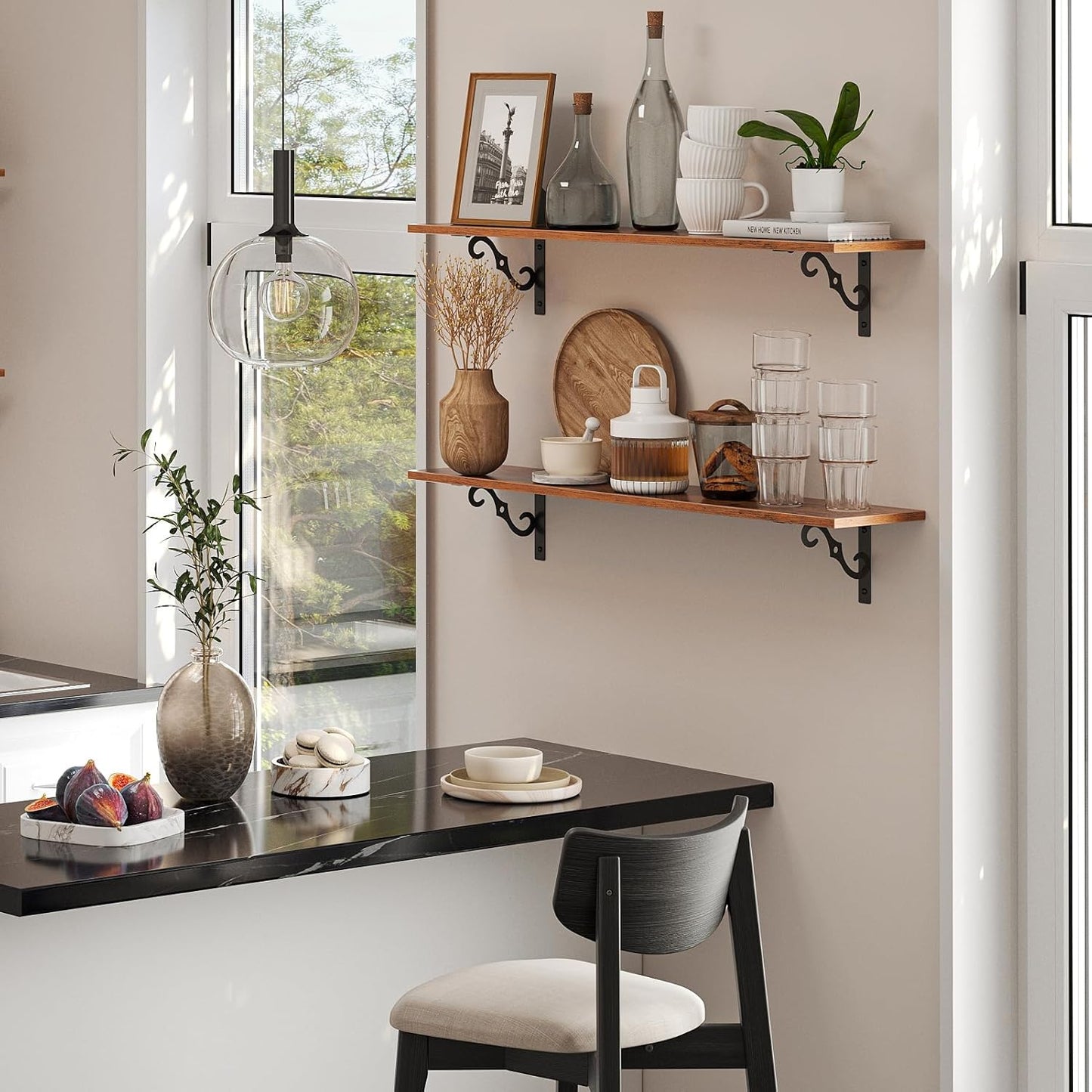 DINZI LVJ Long Wall Shelves, 23.6 Inch Large Floating Shelves Set of 2, Wide Display Shelf Wall Mounted with Brackets, Easy Hanging for Living Room, Toilet, Office, Bedroom, Rustic Brown